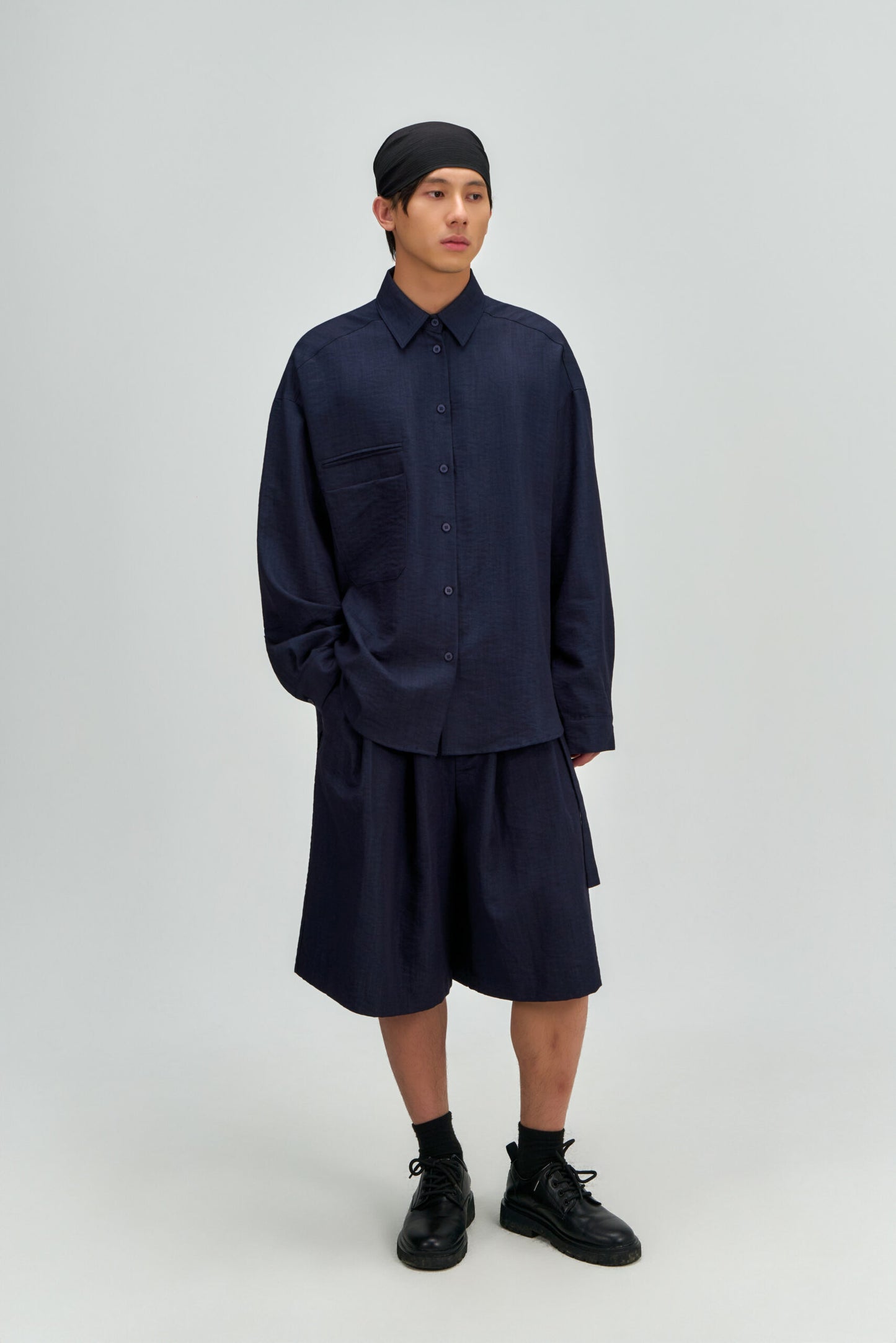 Gender Neutral Pleated Belted Short (Navy) - BEV C multi label store