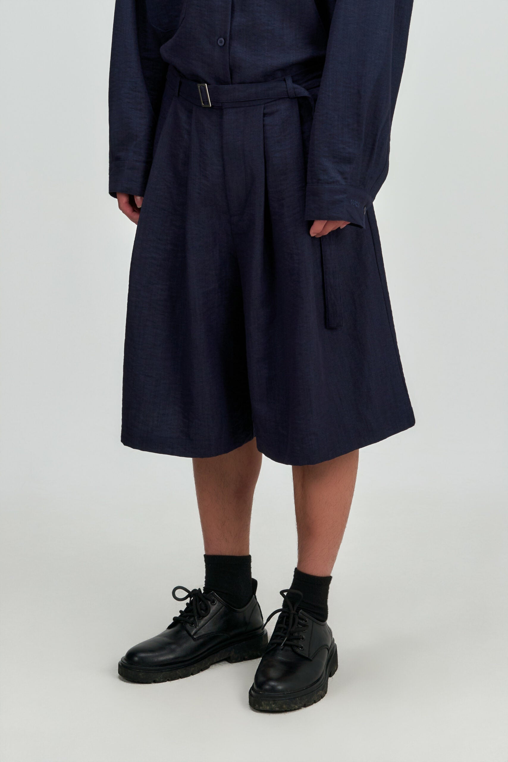 Gender Neutral Pleated Belted Short (Navy) - BEV C multi label store