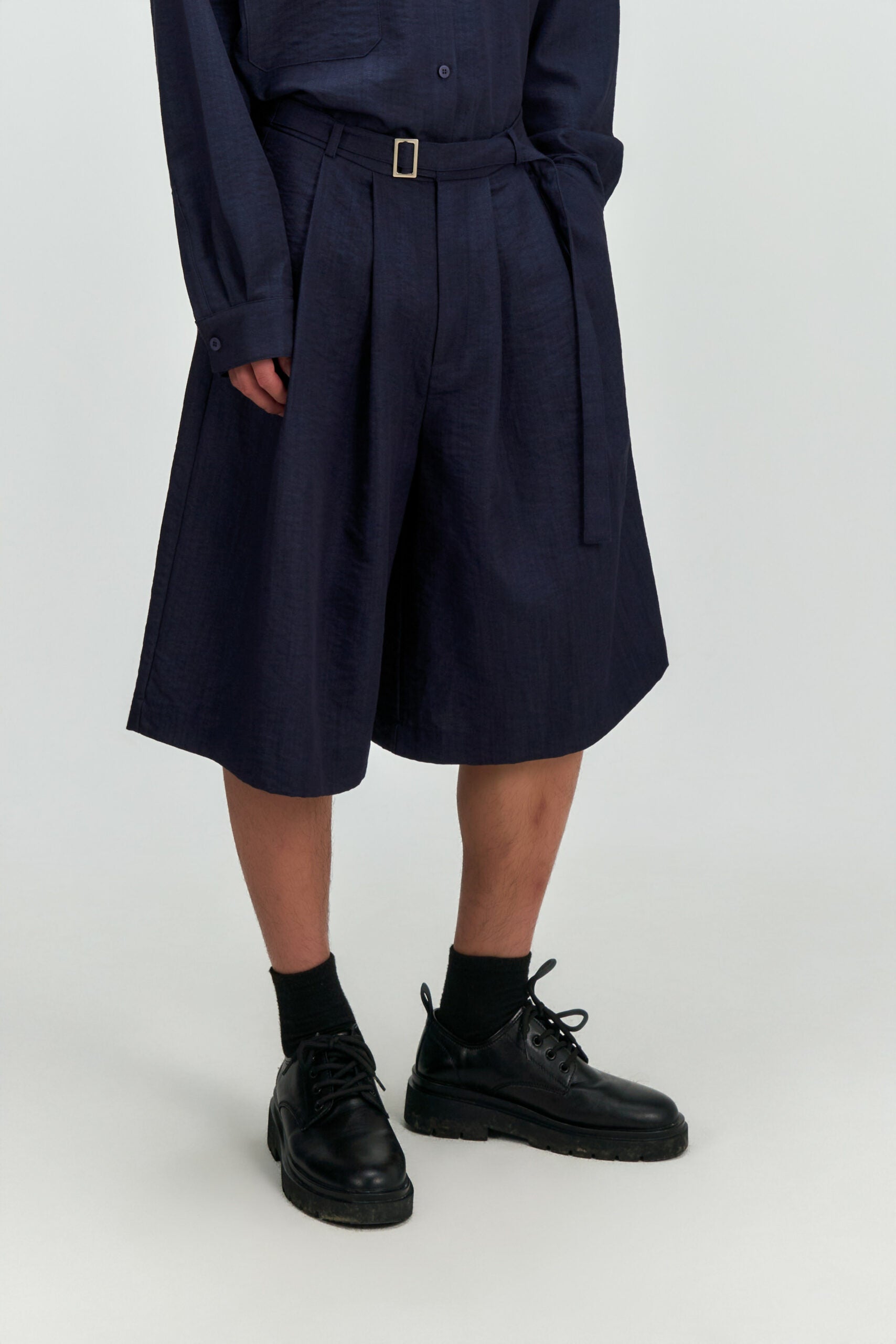 Gender Neutral Pleated Belted Short (Navy) - BEV C multi label store