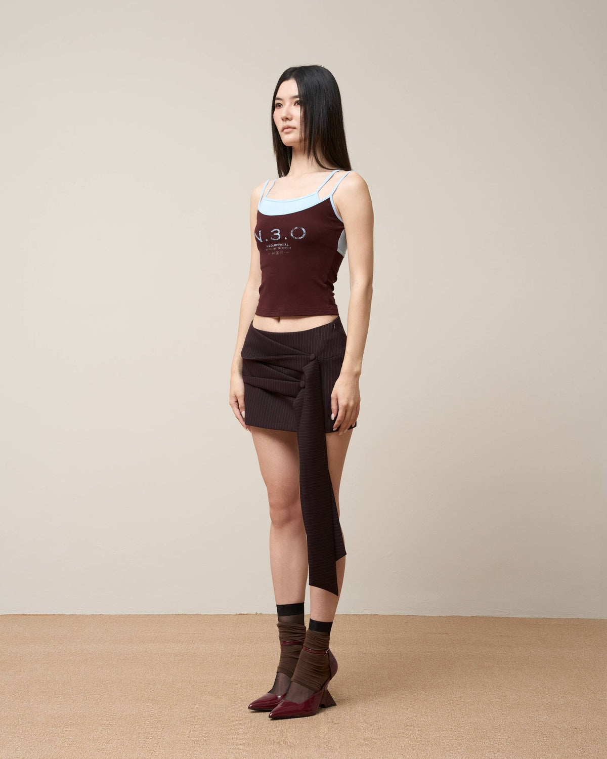 Vol.3 Ch.2 Asymmetrical Drape-Tie Mini Skirt - Burgundy - BEV C multi label store