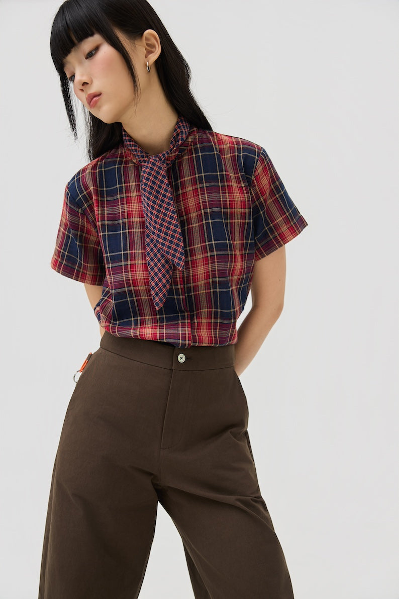 NIMAI 2-WAY SCARF TOP - RED TARTAN DOUBLE GAUZE - BEV C multi label store