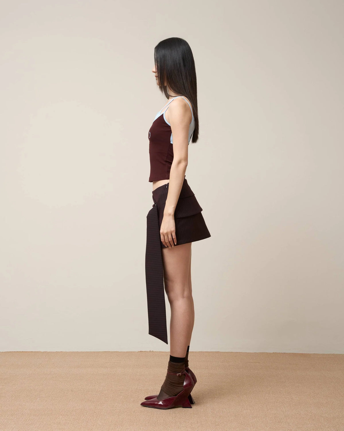 Vol.3 Ch.2 Asymmetrical Drape-Tie Mini Skirt - Burgundy - BEV C multi label store