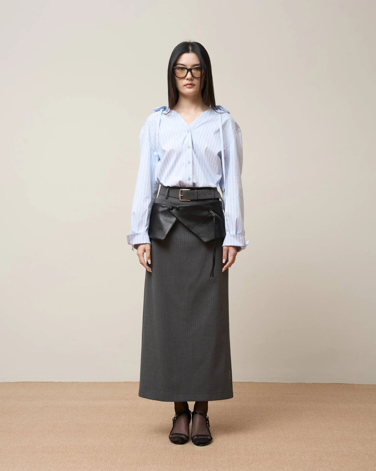 Vol.3 Ch.2 Tailored Pencil Skirt with Waist Belt - Grey - BEV C multi label store