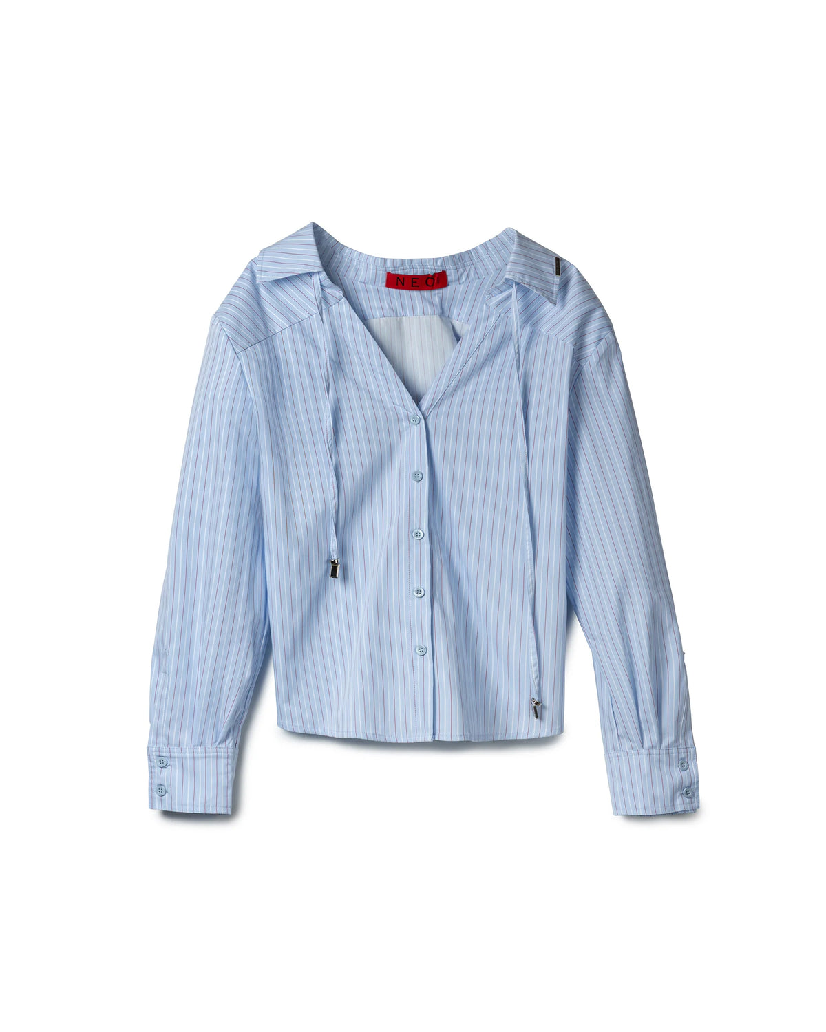 Vol.3 Ch.2 Minimalist Drawstring-Collar Poplin Blouse - Blue Stripe - BEV C multi label store
