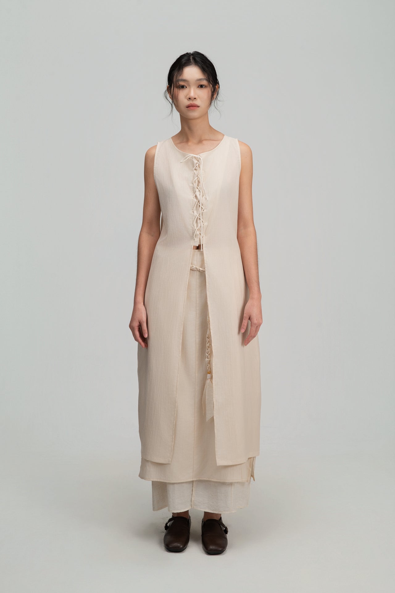 Crisscross Longline Bottom Slit Tank Top (Beige) - BEV C multi label store