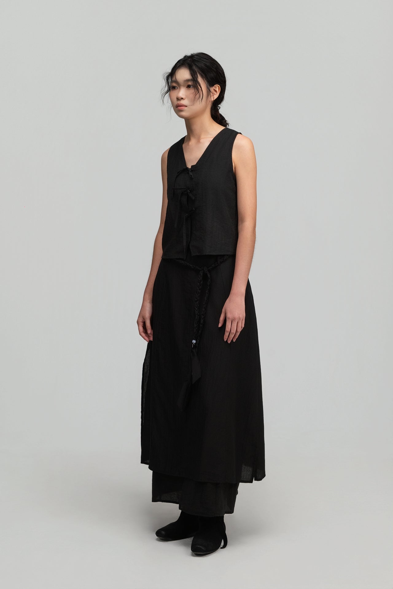 Dual-Layer Skirt w/ Braided Belt (Black) - BEV C multi label store