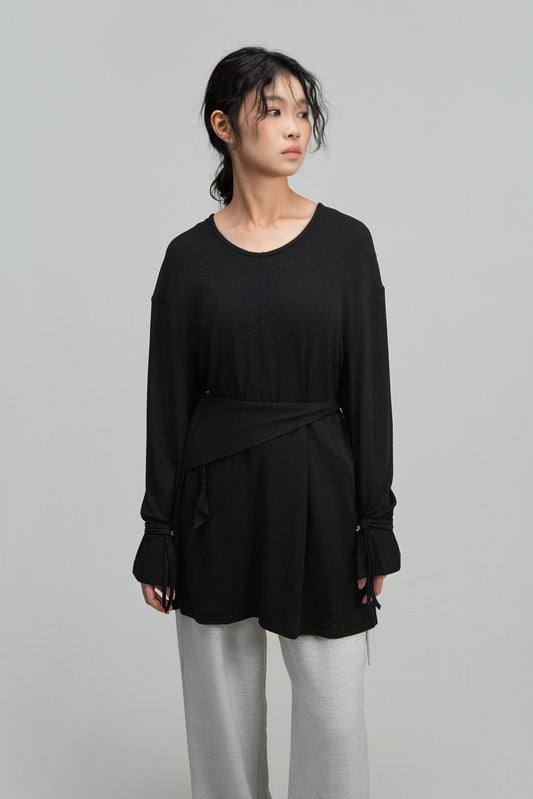 Snow Knit Braided Waist Drape Long Sleeve Top (Black) - BEV C multi label store