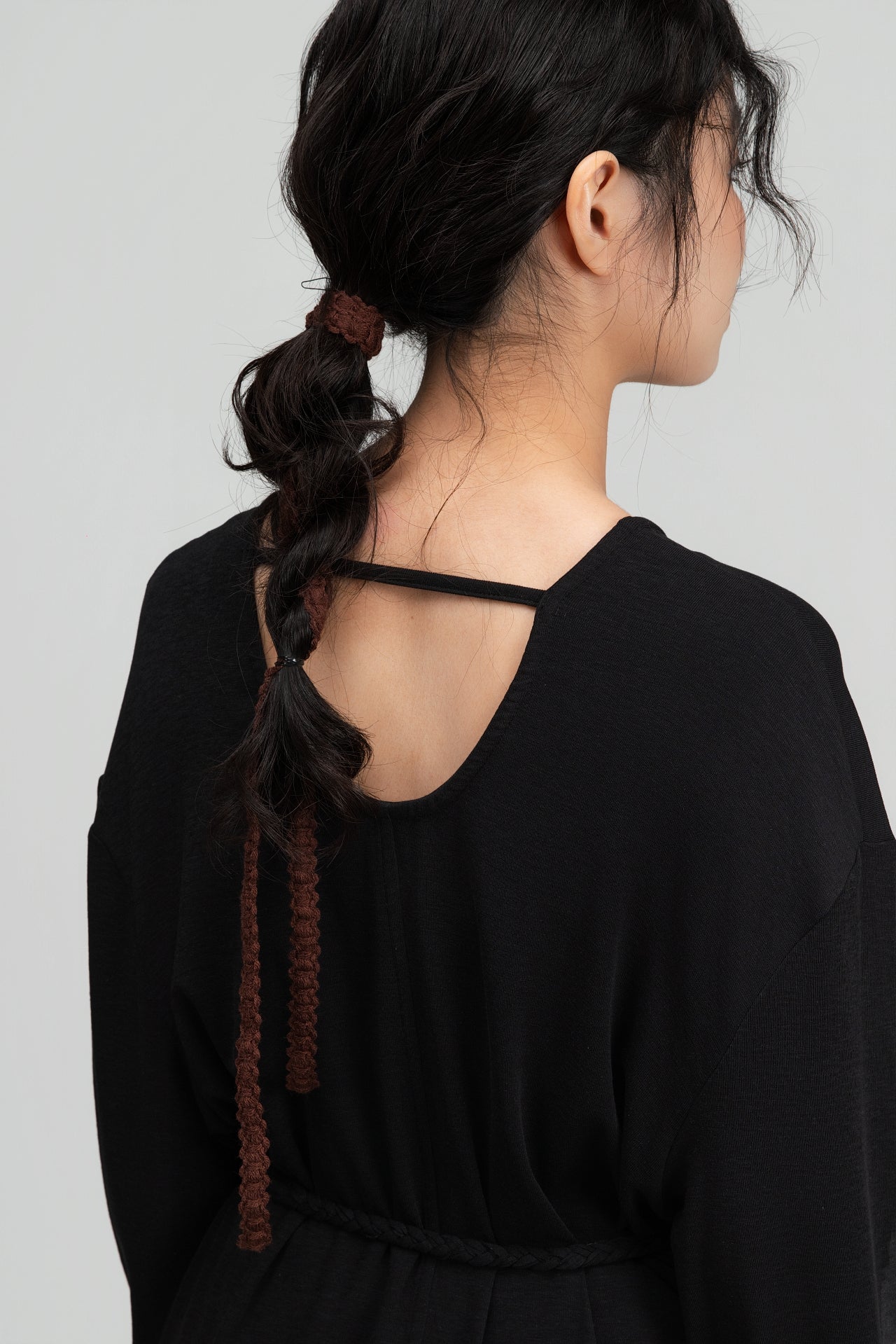 Snow Knit Braided Waist Drape Long Sleeve Top (Black) - BEV C multi label store