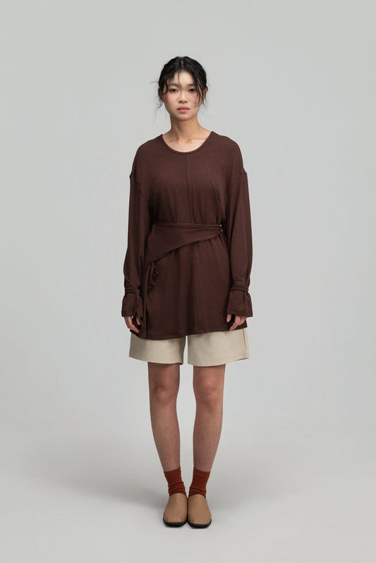 Snow Knit Braided Waist Drape Long Sleeve Top (Brown) - BEV C multi label store