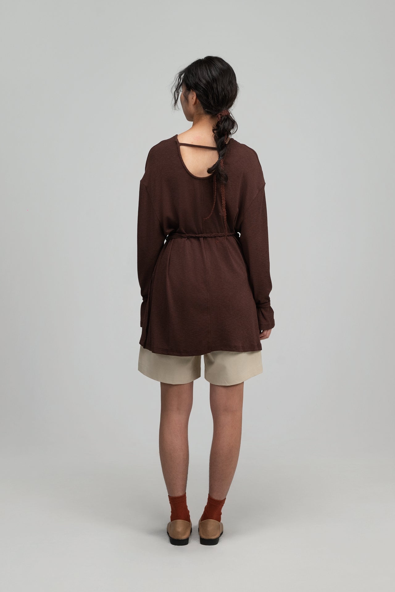 Snow Knit Braided Waist Drape Long Sleeve Top (Brown) - BEV C multi label store