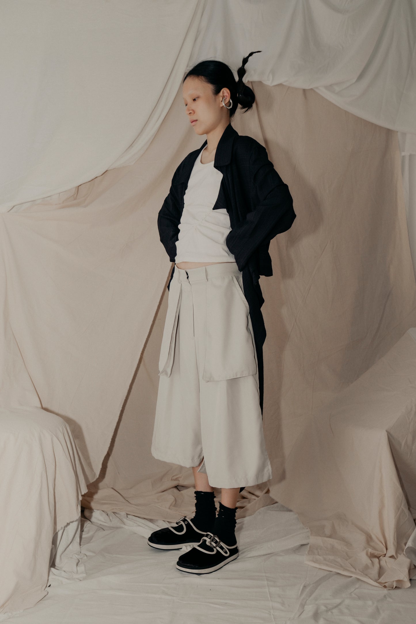 Asymmetrical Fly Pocket Pants In Cream - BEV C multi label store