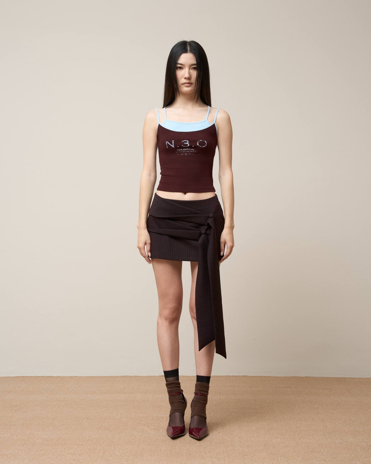 Vol.3 Ch.2 Asymmetrical Drape-Tie Mini Skirt - Burgundy - BEV C multi label store