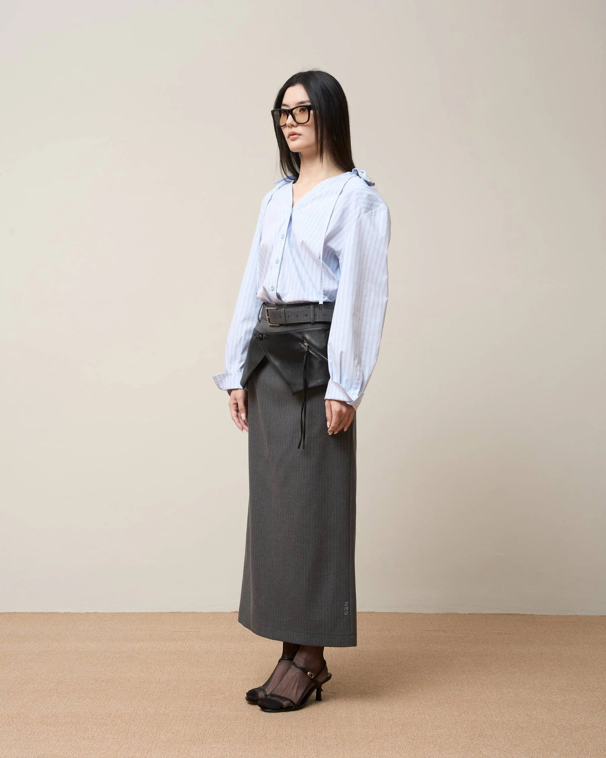 Vol.3 Ch.2 Tailored Pencil Skirt with Waist Belt - Grey - BEV C multi label store