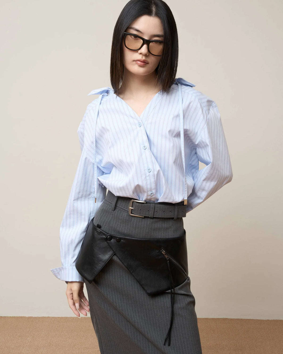 Vol.3 Ch.2 Minimalist Drawstring-Collar Poplin Blouse - Blue Stripe - BEV C multi label store