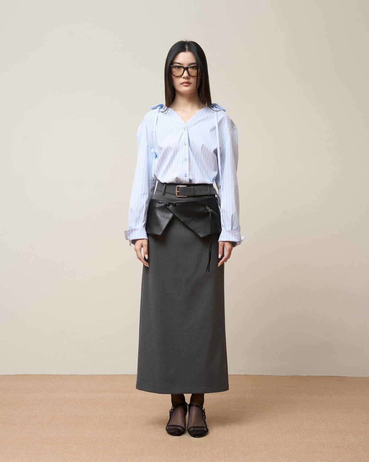 Vol.3 Ch.2 Minimalist Drawstring-Collar Poplin Blouse - Blue Stripe - BEV C multi label store