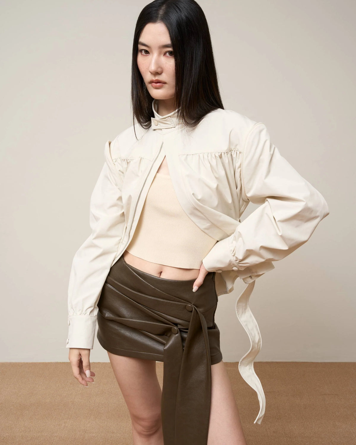 Vol.3 Ch.2 Asymmetrical Drape-Tie Mini Skirt - Brown - BEV C multi label store