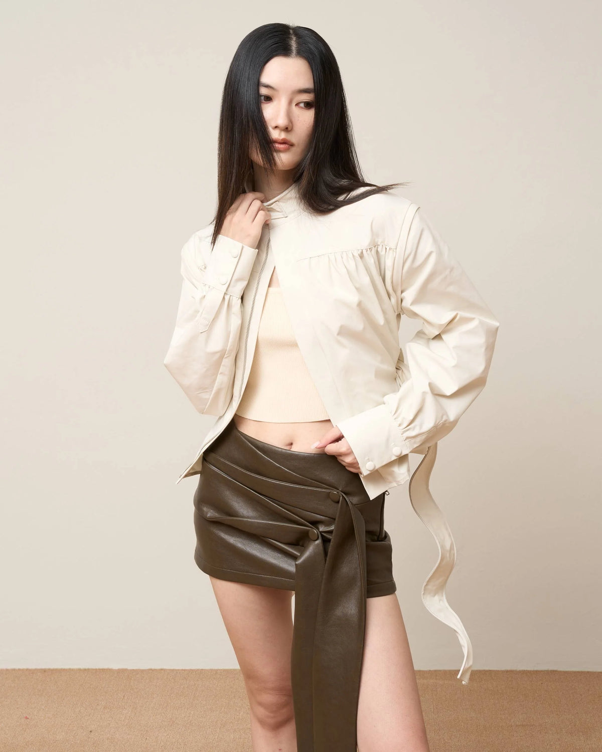 Vol.3 Ch.2 Asymmetrical Drape-Tie Mini Skirt - Brown - BEV C multi label store