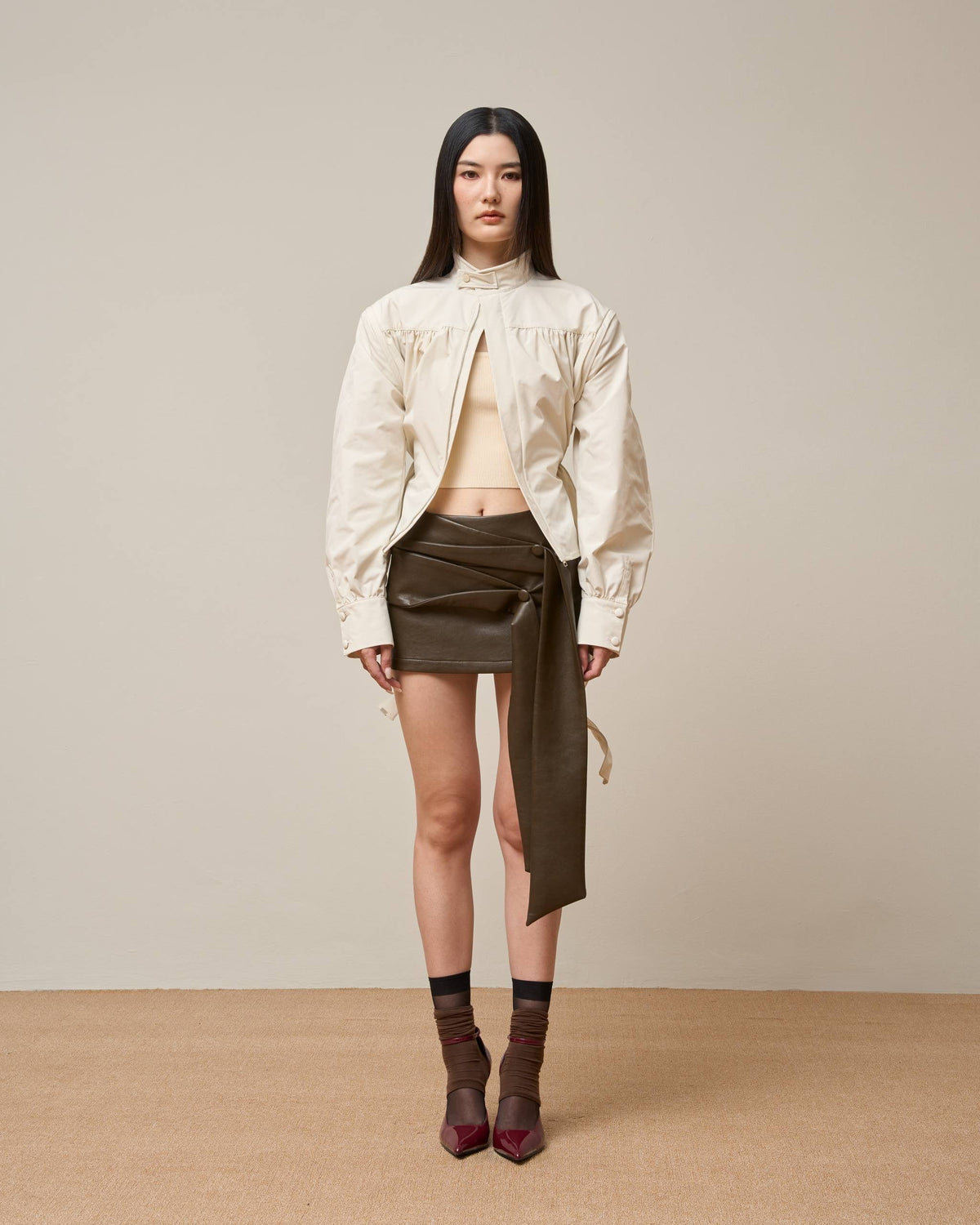 Vol.3 Ch.2 Asymmetrical Drape-Tie Mini Skirt - Brown - BEV C multi label store