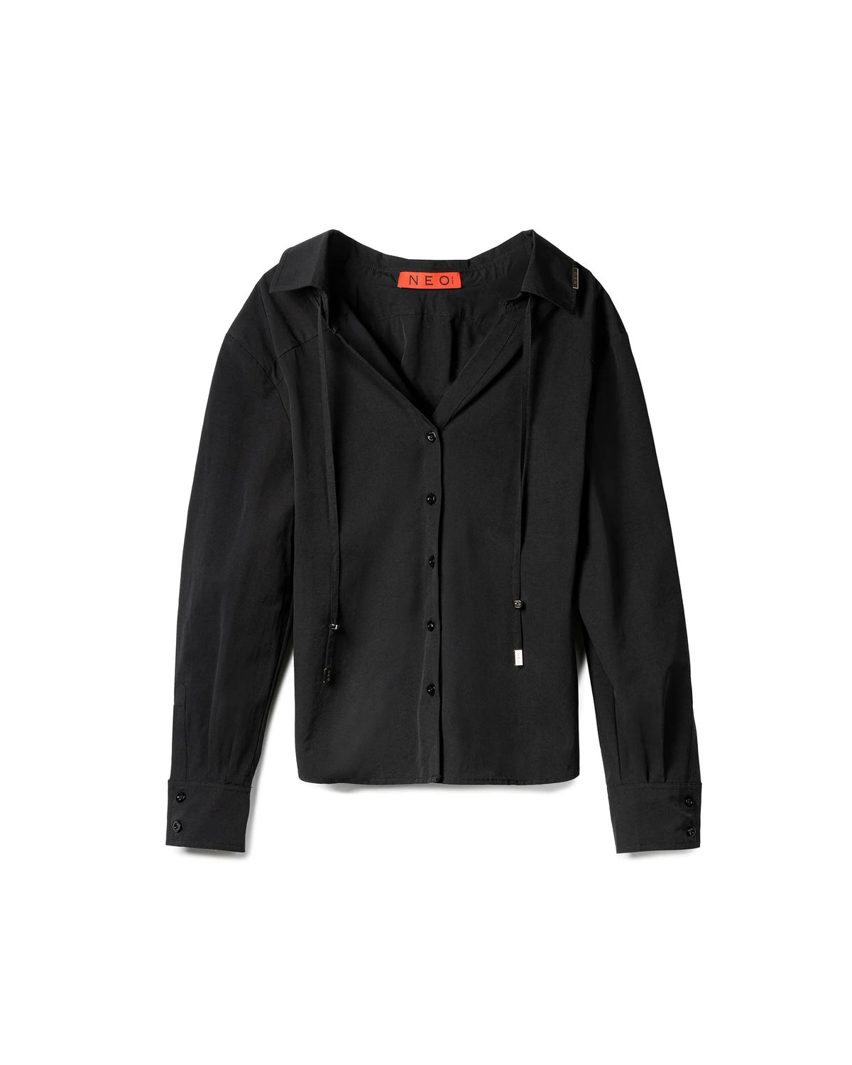 Vol.3 Ch.2 Minimalist Drawstring-Collar Poplin Blouse - Black - BEV C multi label store