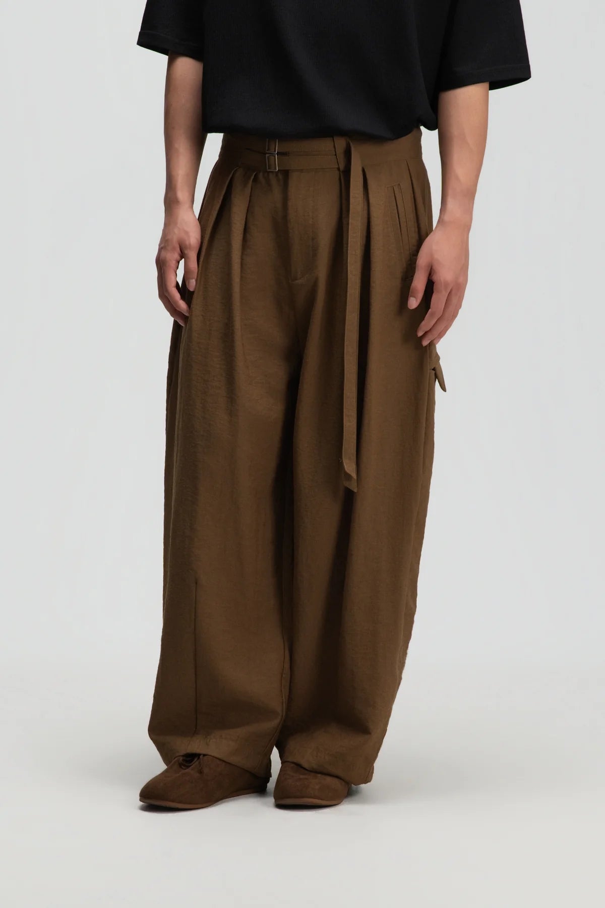 Gender Neutral Double Belted Long Trousers (Mud) - BEV C multi label store