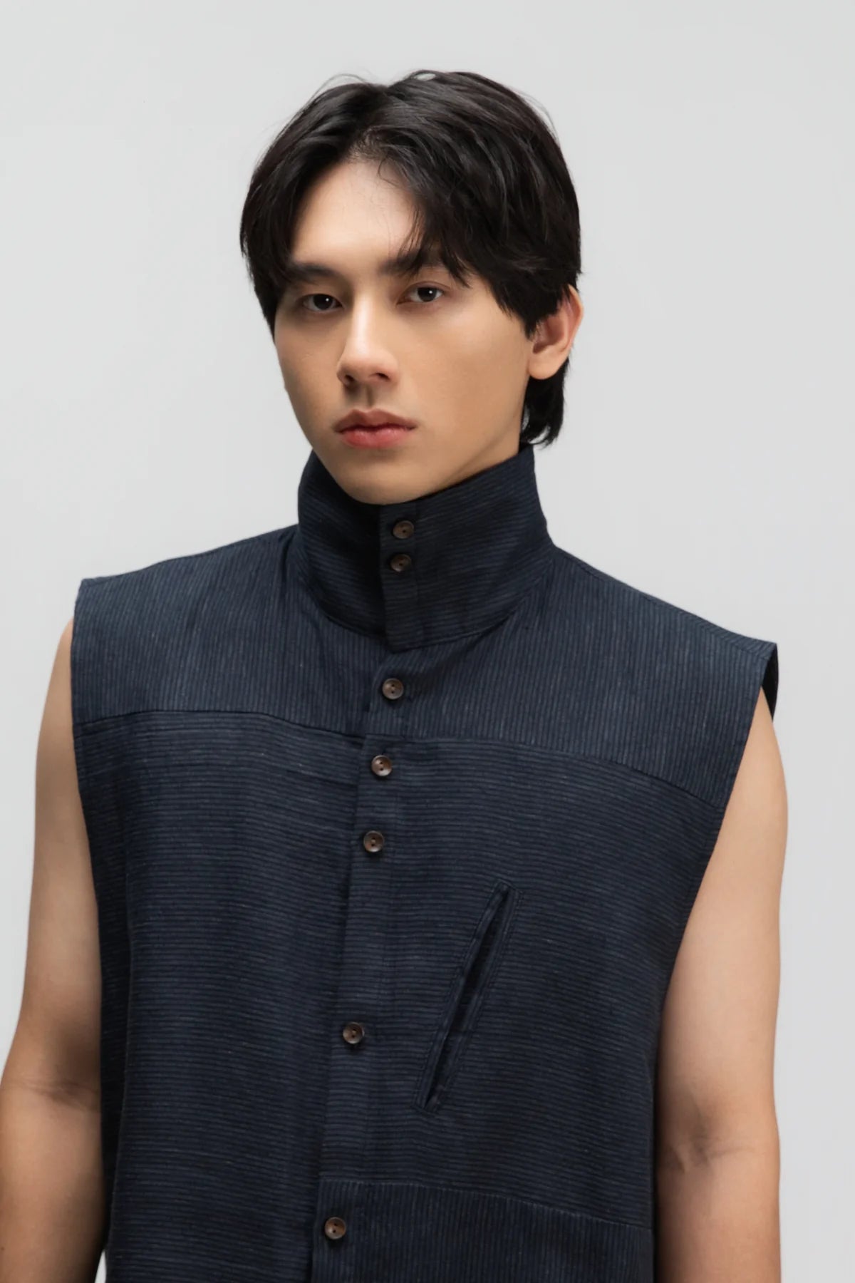 Gender Neutral Funnel Neck Vest (Navy Blue Stripe) - BEV C multi label store
