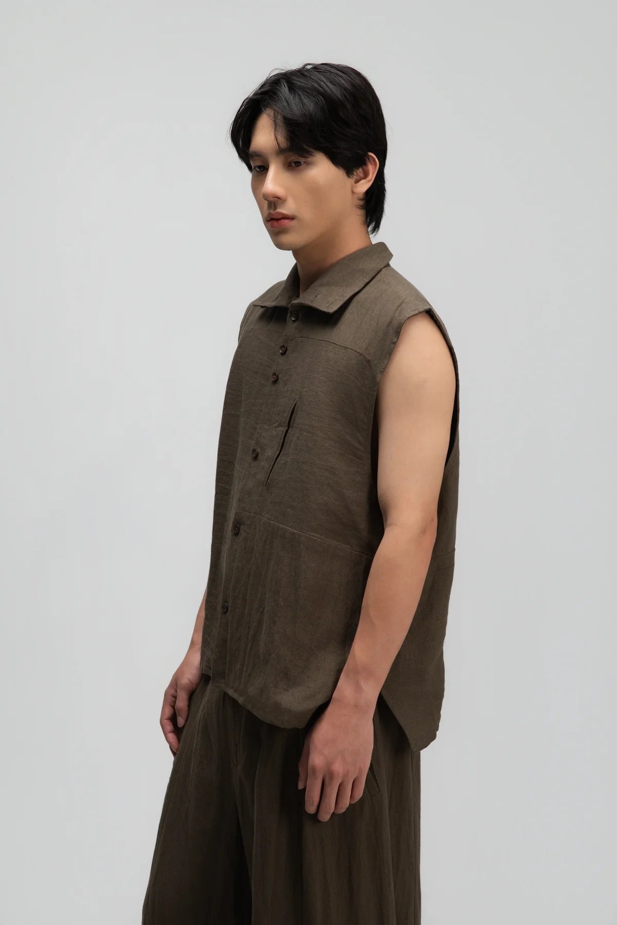 Gender Neutral Funnel Neck Vest (Olive Brown Stripe) - BEV C multi label store