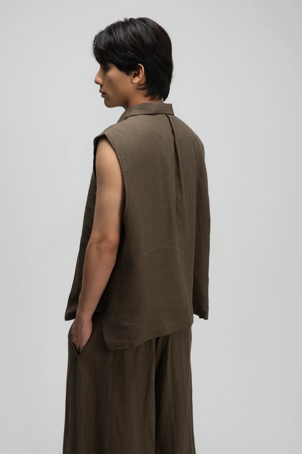 Gender Neutral Funnel Neck Vest (Olive Brown Stripe) - BEV C multi label store