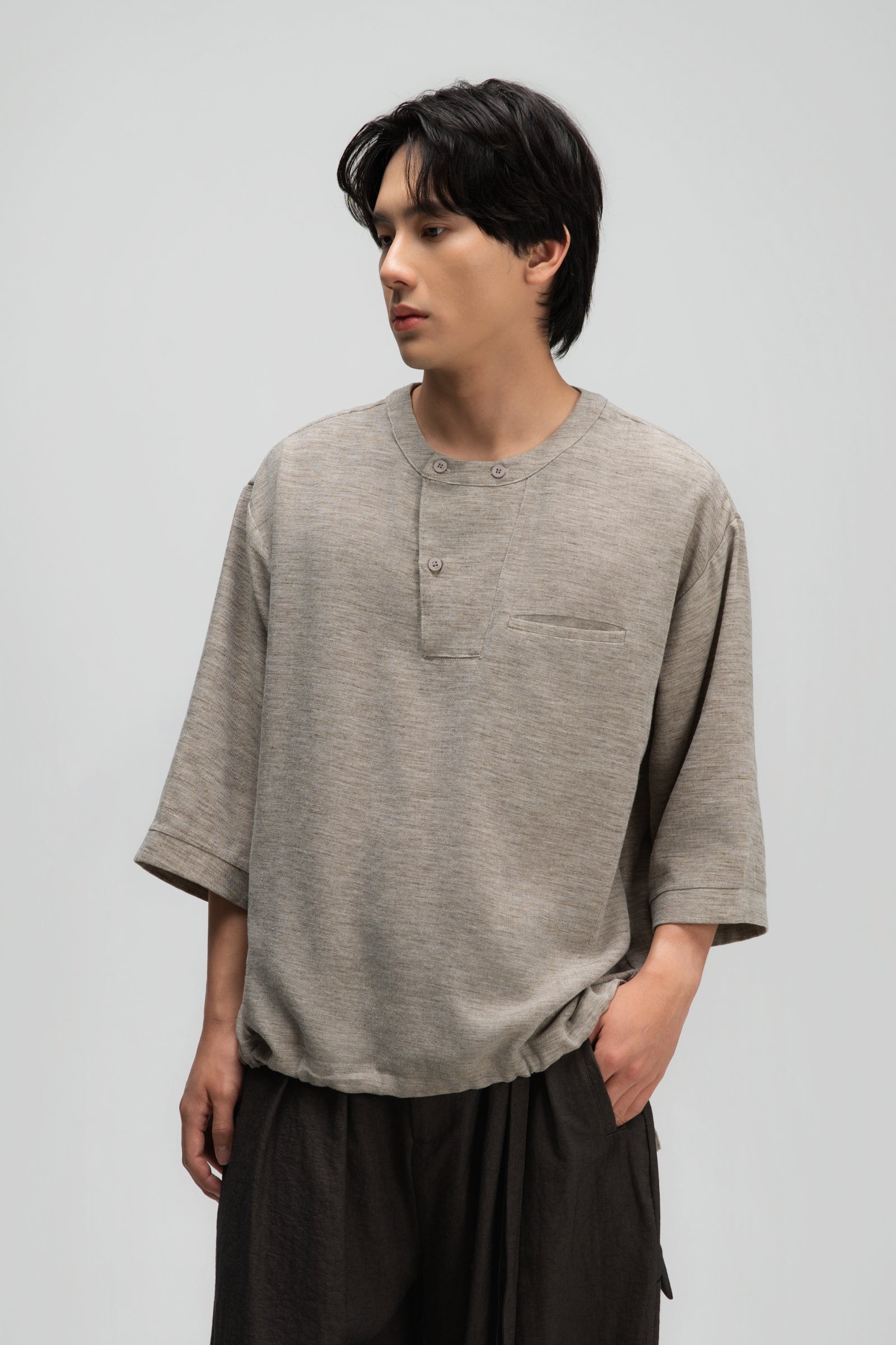 Gender Neutral 3/4 Sleeve Arc Collar Shirt (Dark Oat) - BEV C multi label store
