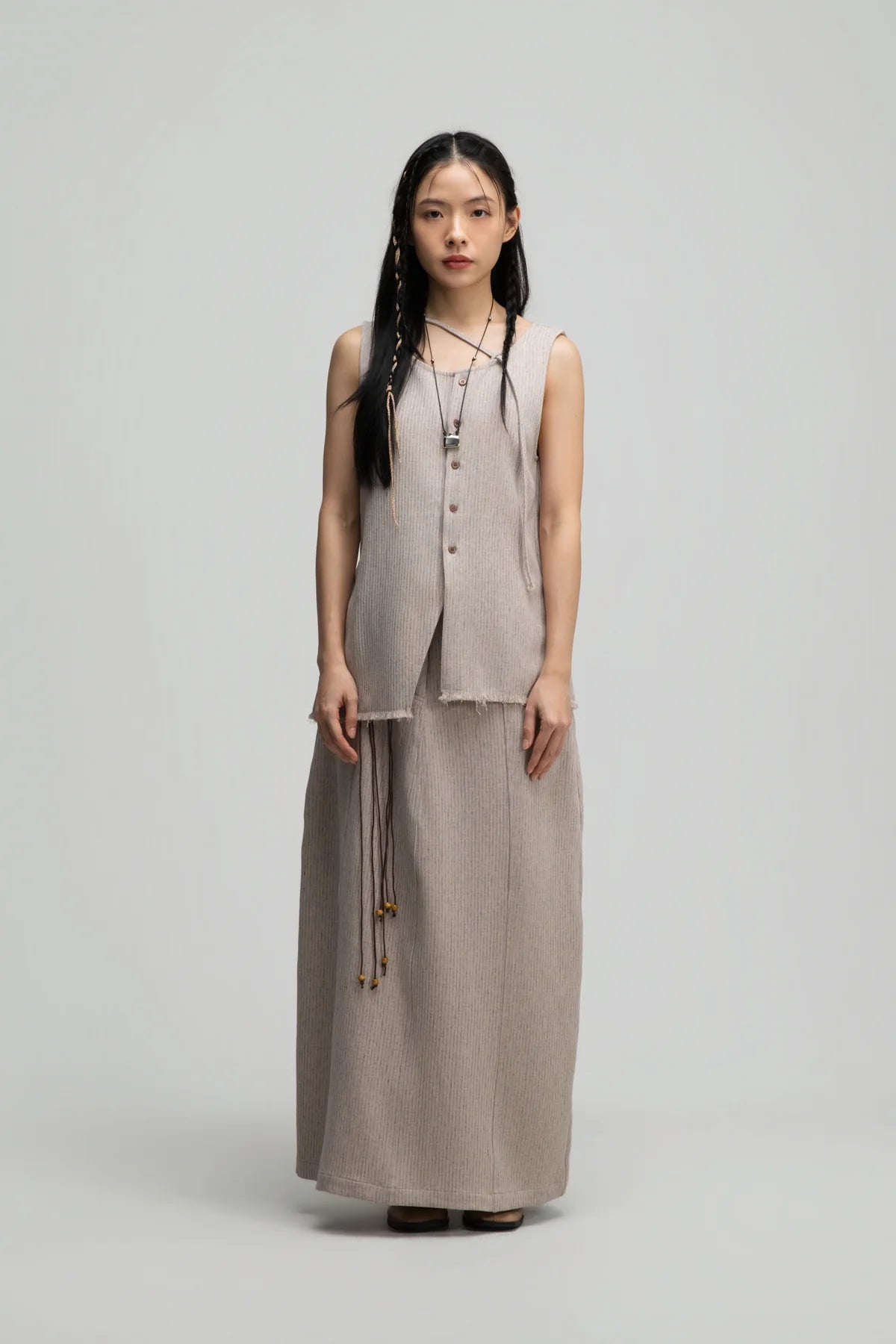 Raw Hem Skewed Button-Up Tank Top (Dark Beige) - BEV C multi label store