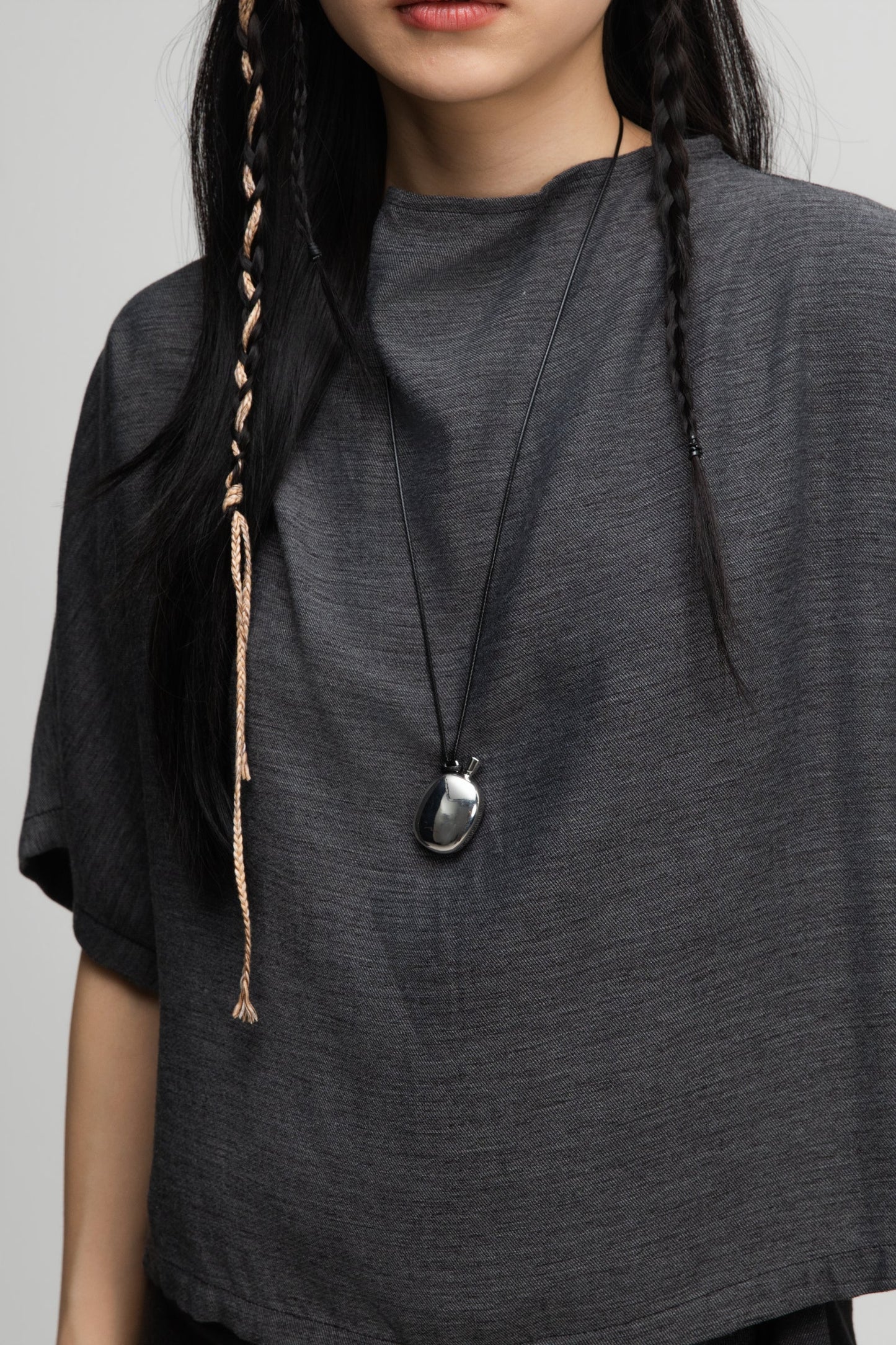 Semi High Neck Short Sleeve Crop Top (Midnight Grey)