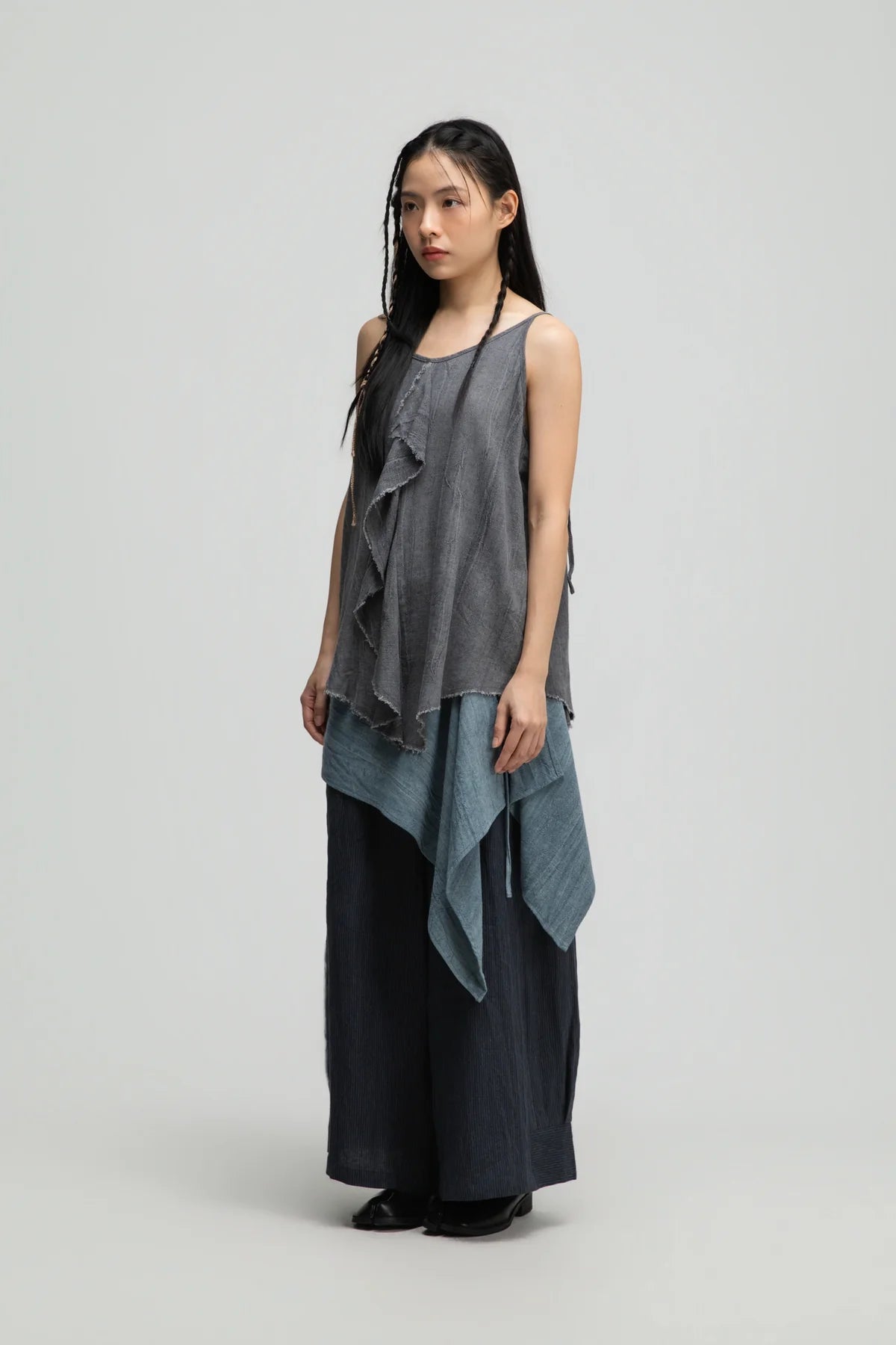 Front Drape Raw Hem Cami Top (Tie Dye Grey) - BEV C multi label store