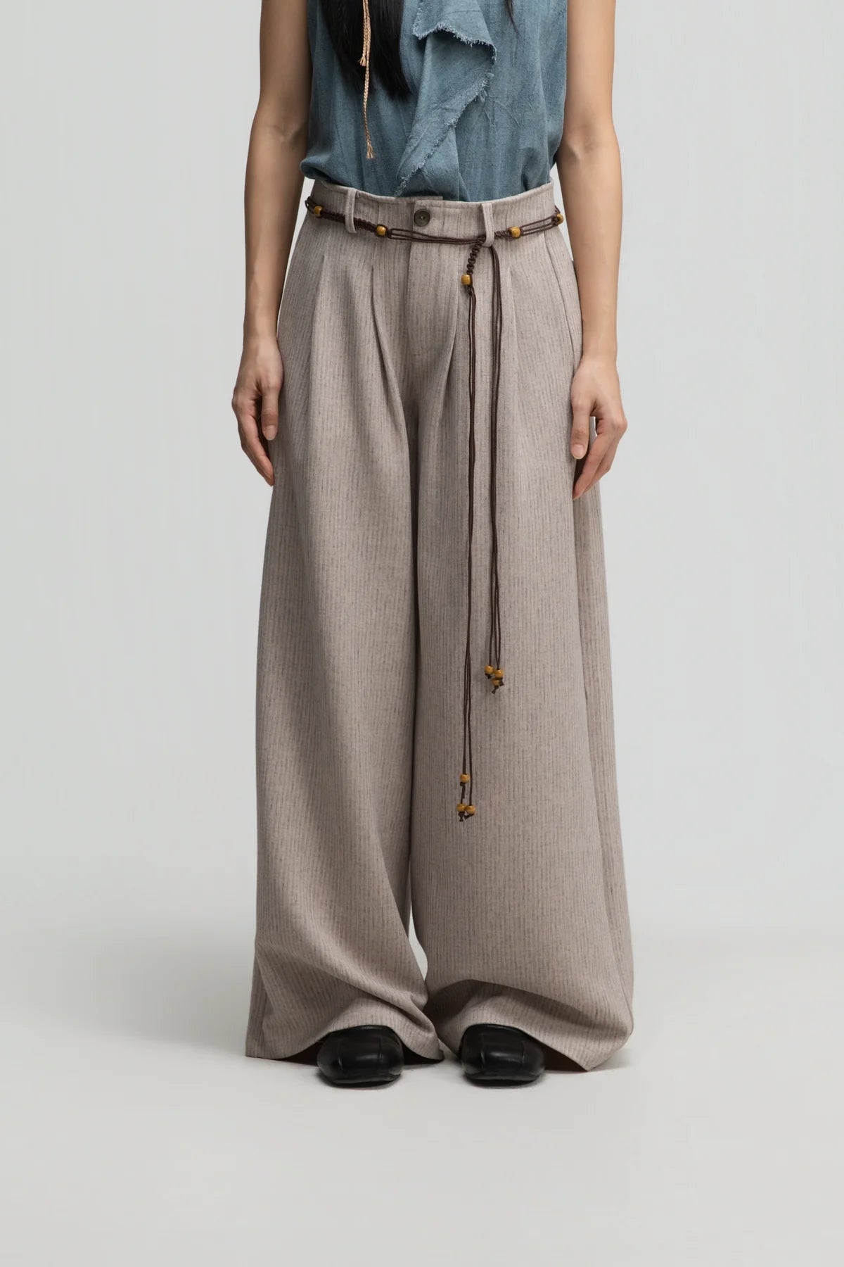 Straight Wide Trousers w/ Beaded Belt (Dark Beige) - BEV C multi label store