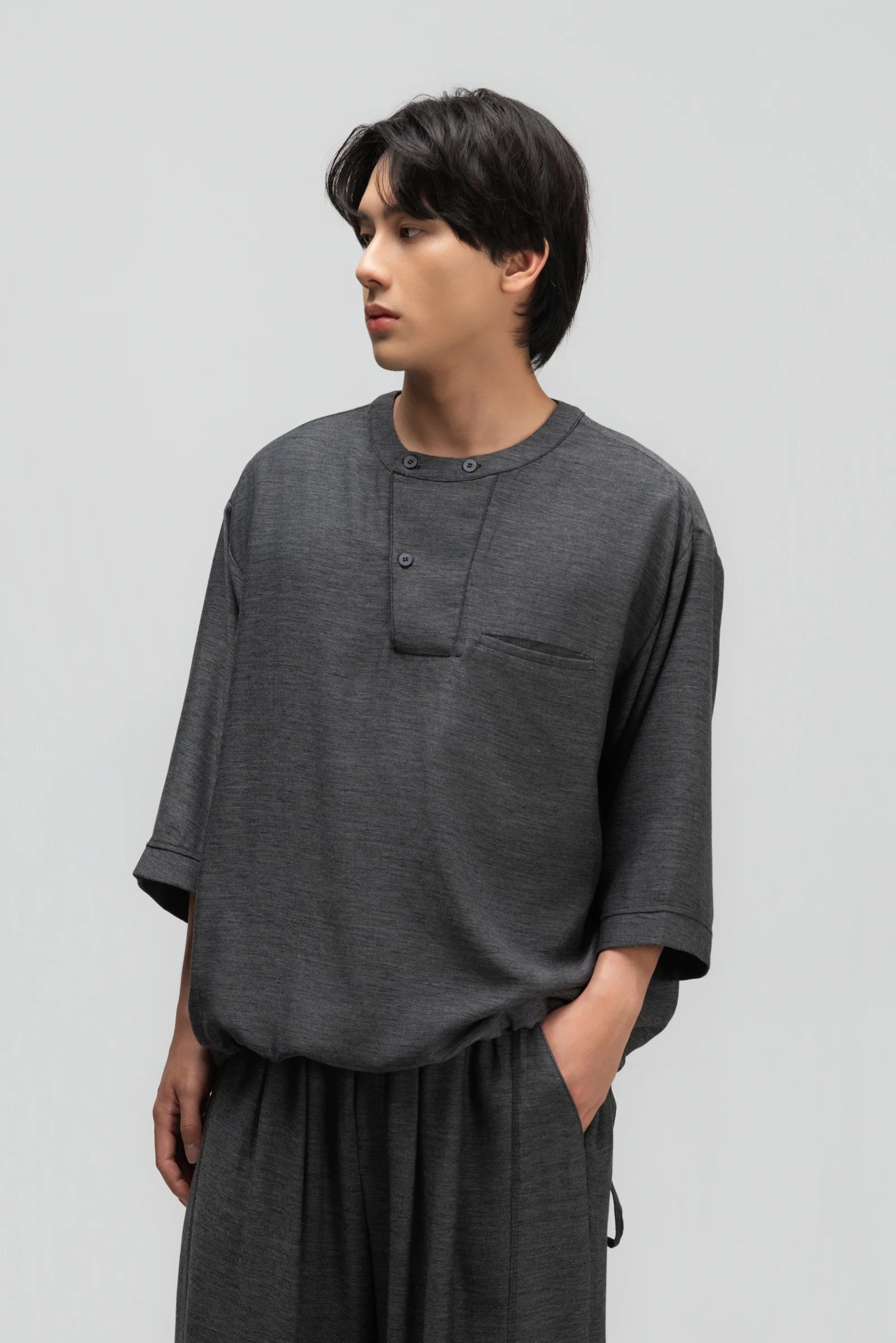 Gender Neutral 3/4 Sleeve Arc Collar Shirt (Midnight Grey) - BEV C multi label store