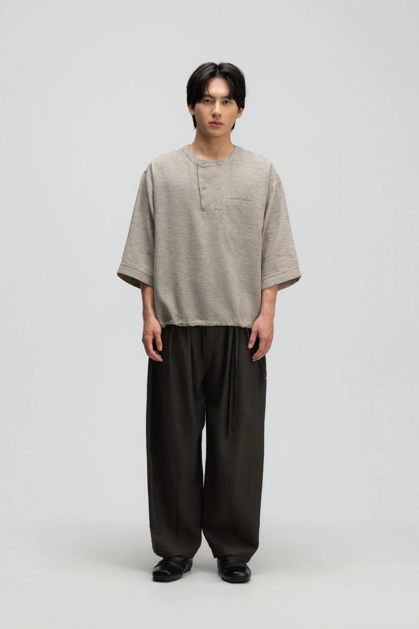 Gender Neutral 3/4 Sleeve Arc Collar Shirt (Dark Oat) - BEV C multi label store