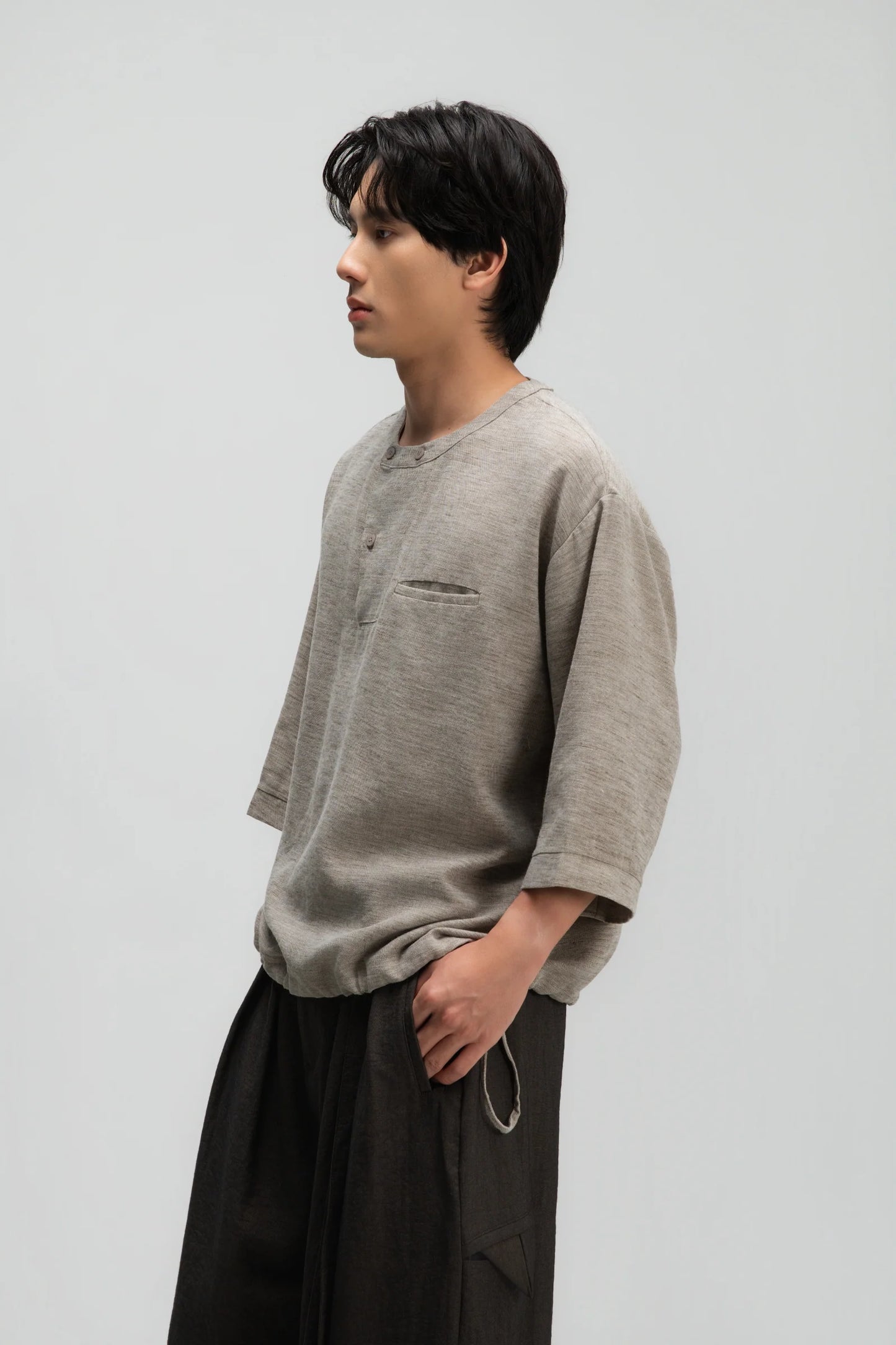 Gender Neutral 3/4 Sleeve Arc Collar Shirt (Dark Oat) - BEV C multi label store