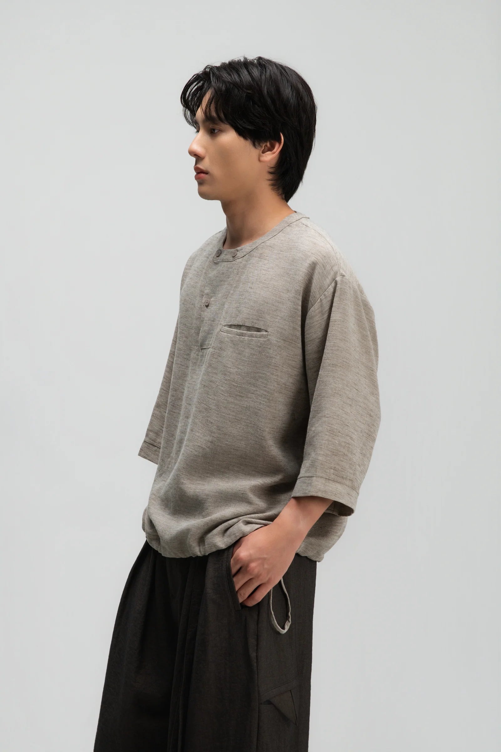 Gender Neutral 3/4 Sleeve Arc Collar Shirt (Dark Oat) - BEV C multi label store