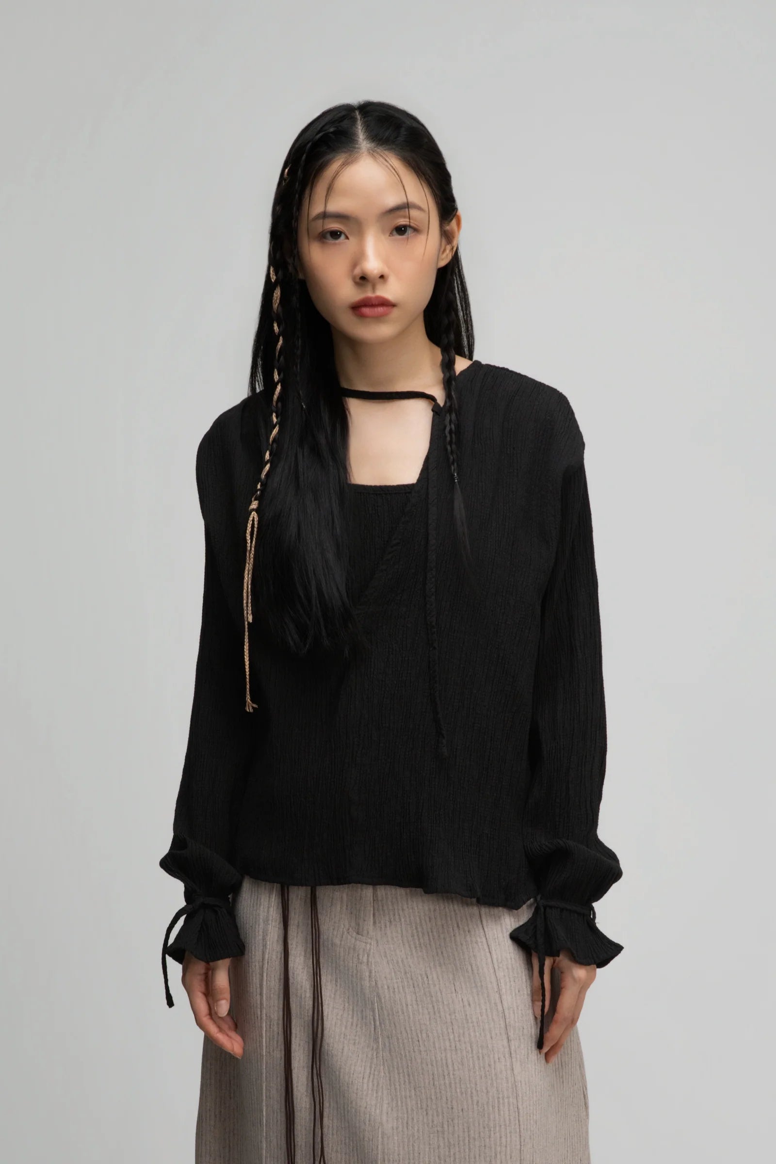 Deep V-Neck Blouse + Cami Top Set (Black) - BEV C multi label store