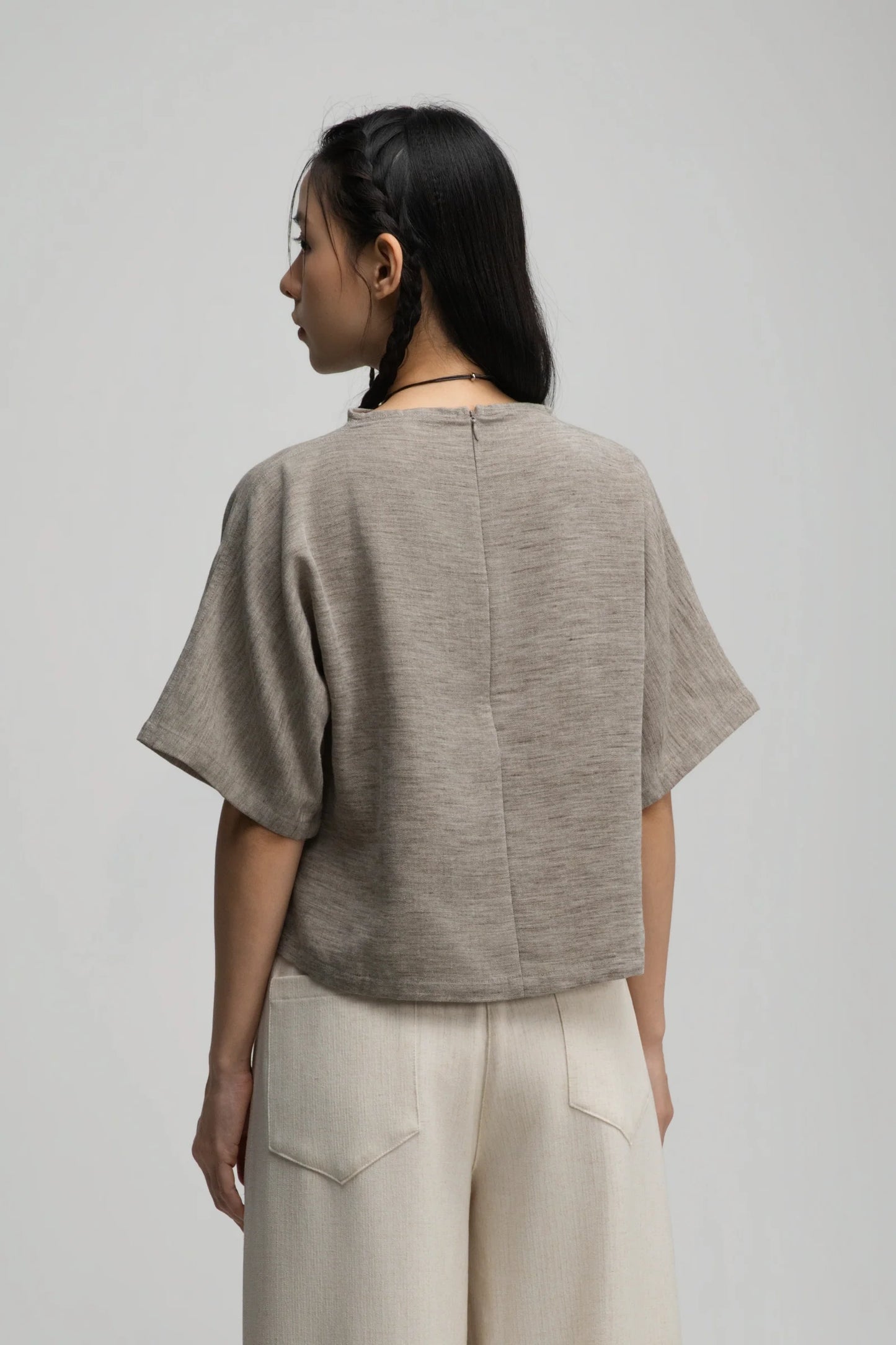 Semi High Neck Short Sleeve Crop Top (Dark Oat) - BEV C multi label store