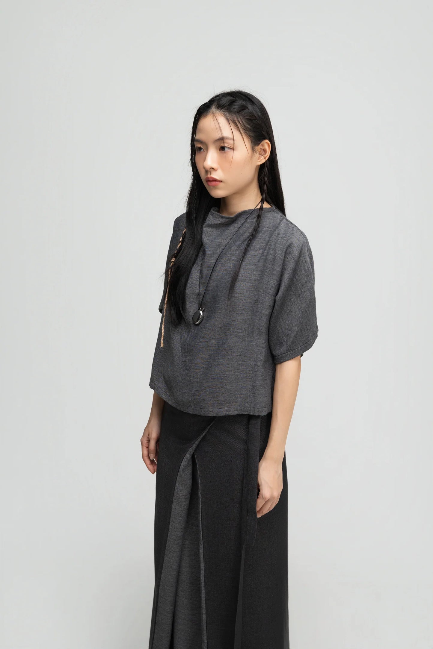 Semi High Neck Short Sleeve Crop Top (Midnight Grey)