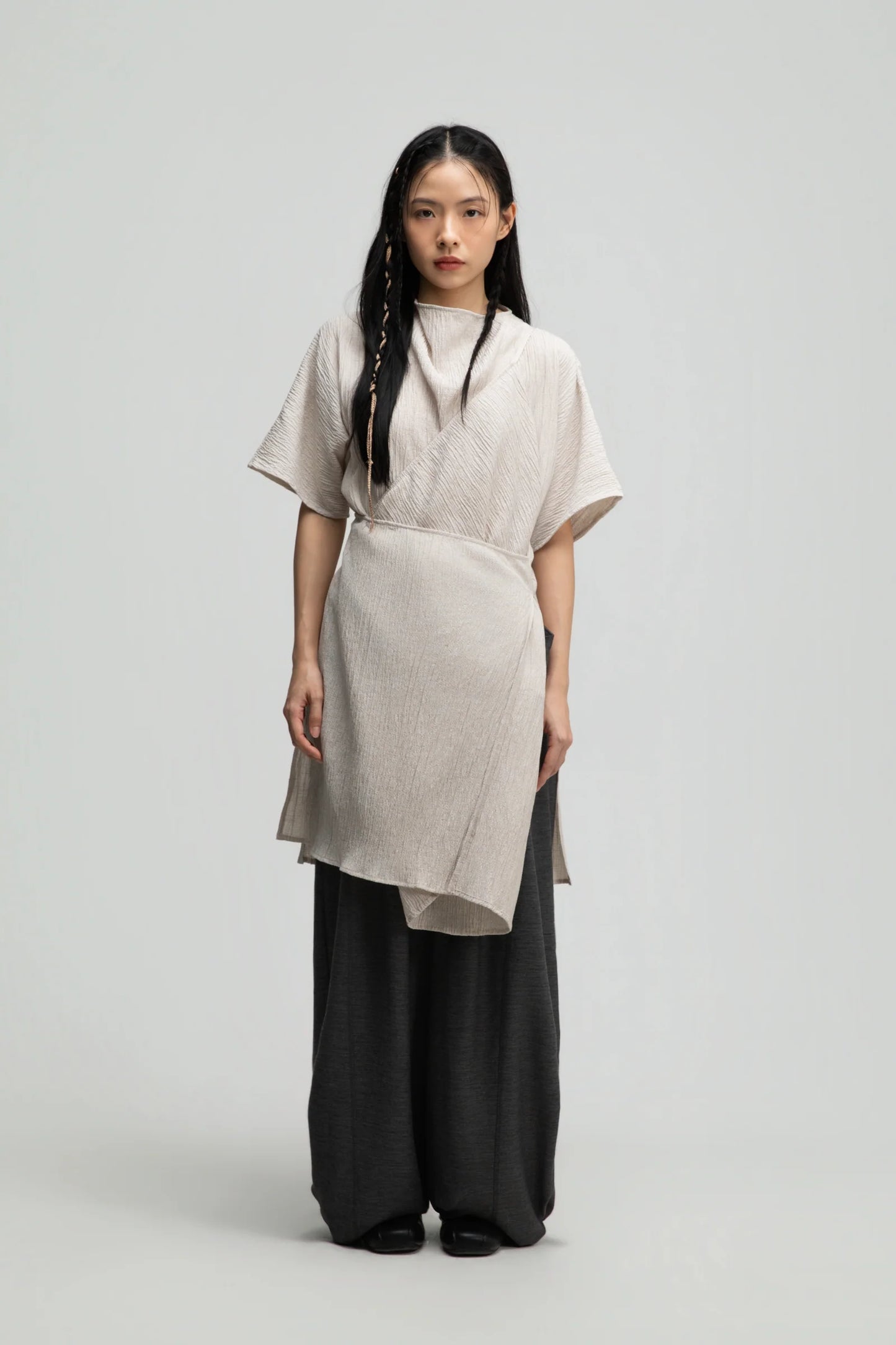 High Neck Wrap Longline Top (Beige)