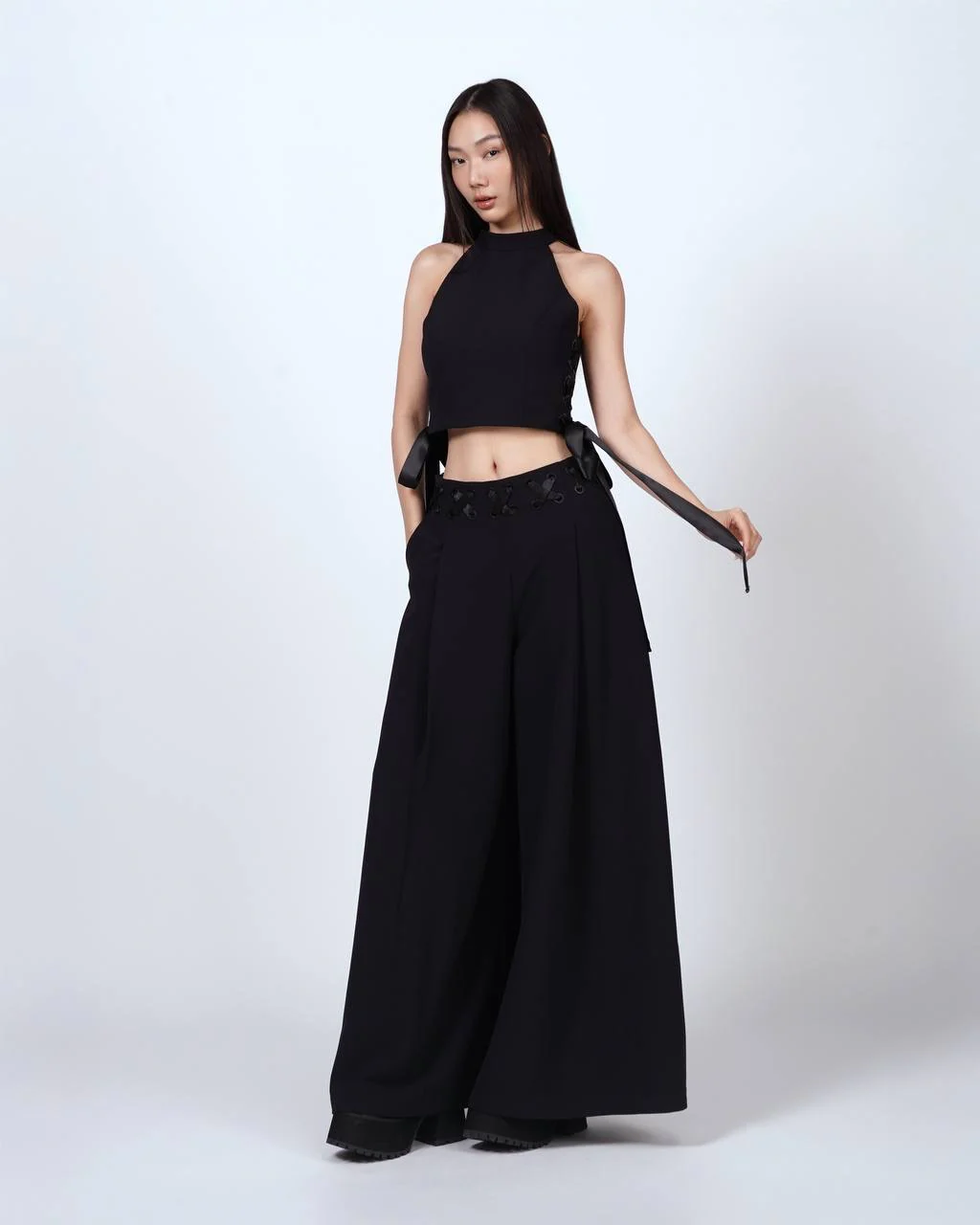 LACE-UP HALTER TOP - BLACK - BEV C multi label store